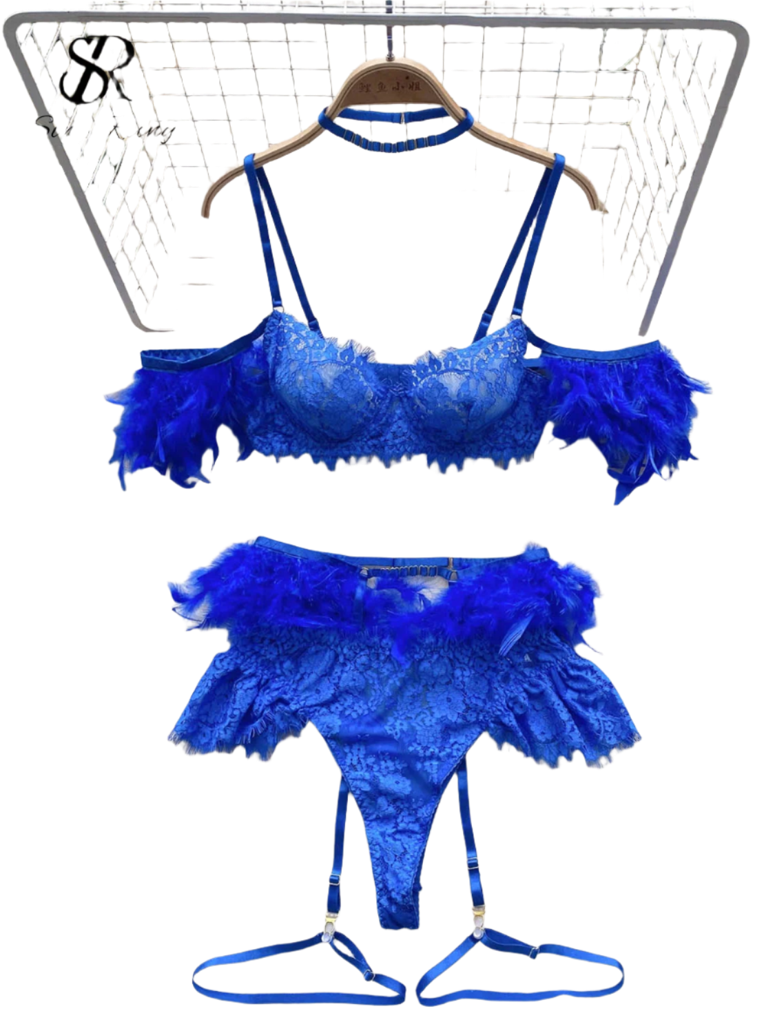 Three-piece feather lace halter set with embroidered details for resort evenings

