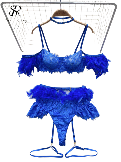 Three-piece feather lace halter set with embroidered details for resort evenings

