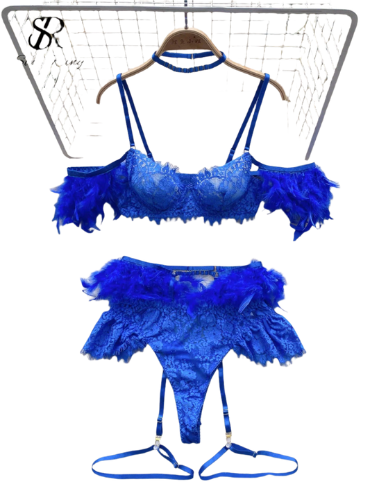 Three-piece feather lace halter set with embroidered details for resort evenings

