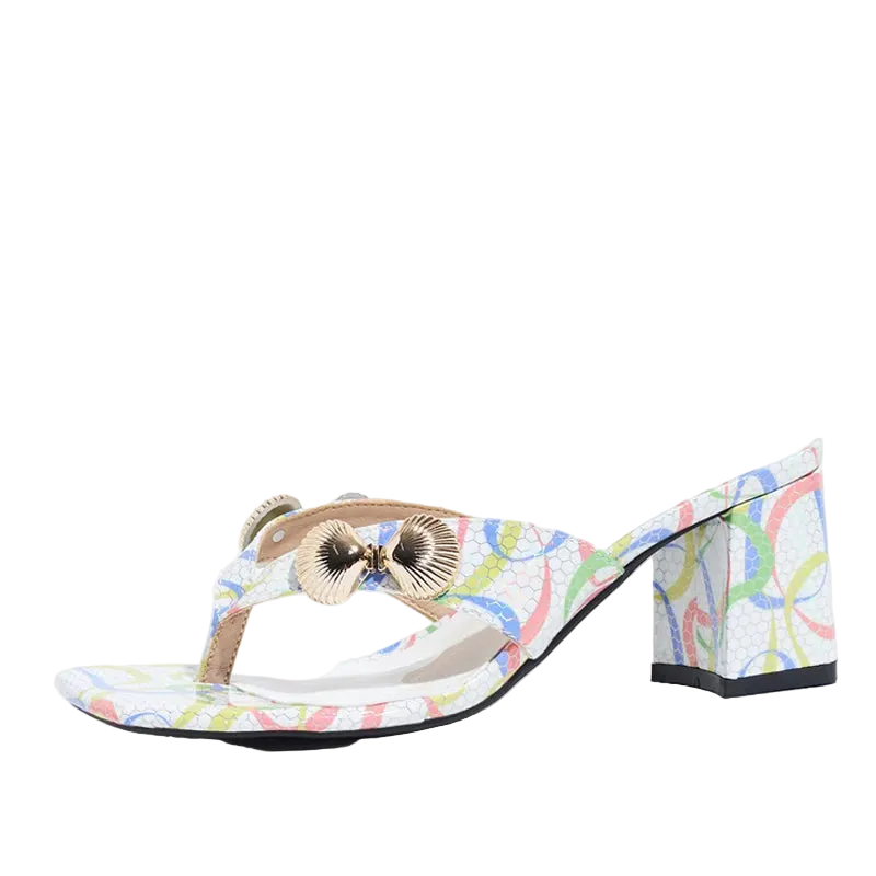 A single women's heeled thong sandal with a multicolor abstract line pattern on a white base, featuring a metallic gold decorative buckle on the strap and a matching patterned block heel.