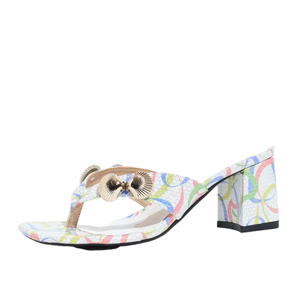 A single women's heeled thong sandal with a multicolor abstract line pattern on a white base, featuring a metallic gold decorative buckle on the strap and a matching patterned block heel.