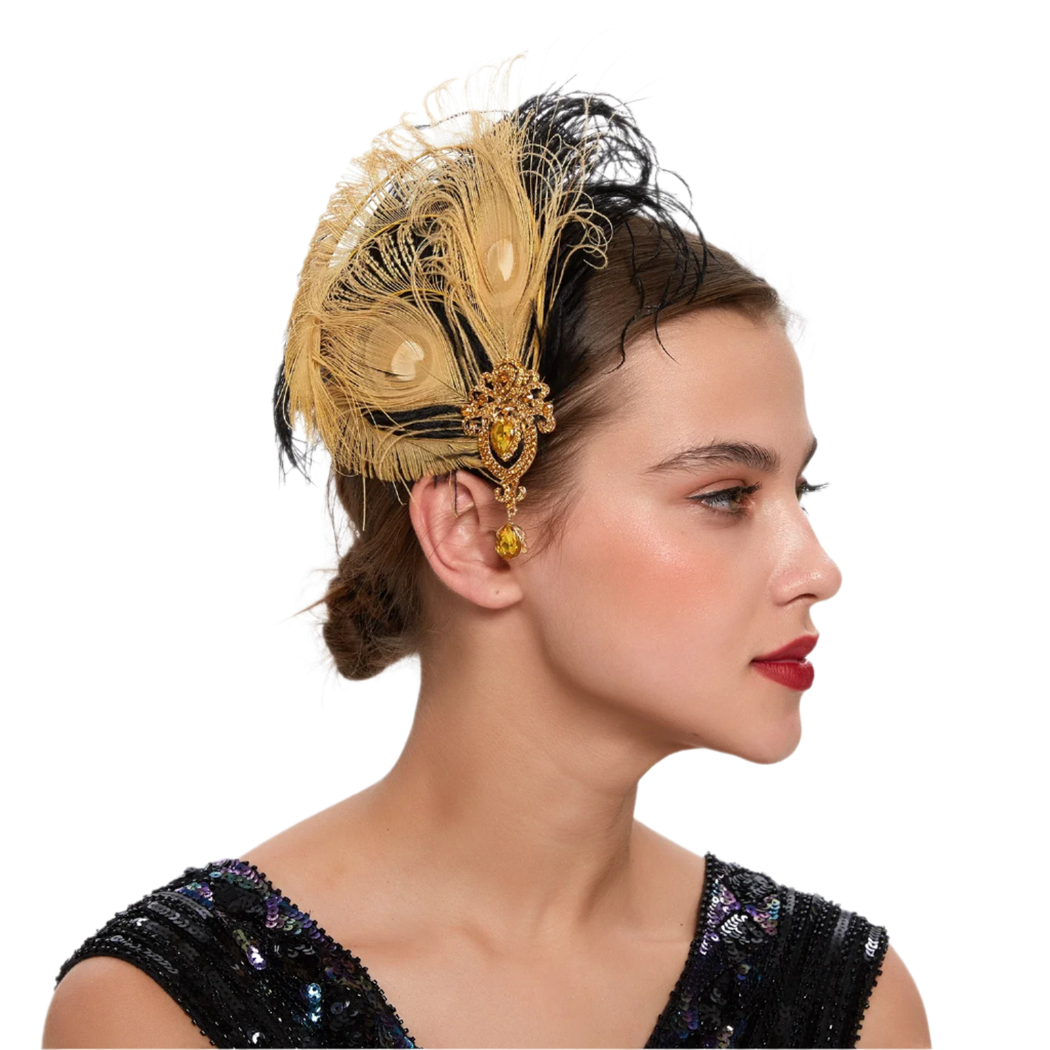 Luxurious peacock feather headband with rhinestones and tassels for exotic Gatsby resort theme nights

