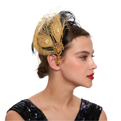 Luxurious peacock feather headband with rhinestones and tassels for exotic Gatsby resort theme nights

