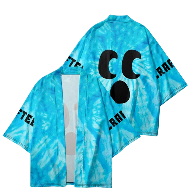 Blue tie-dye shirt with black text and logos on a white background