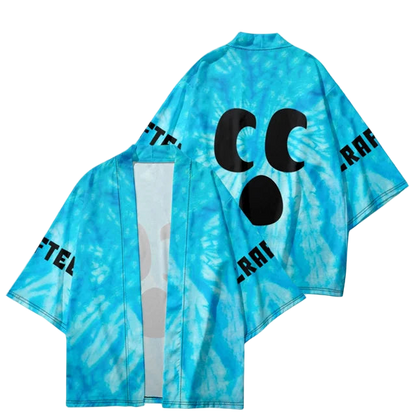 Blue tie-dye shirt with black text and logos on a white background