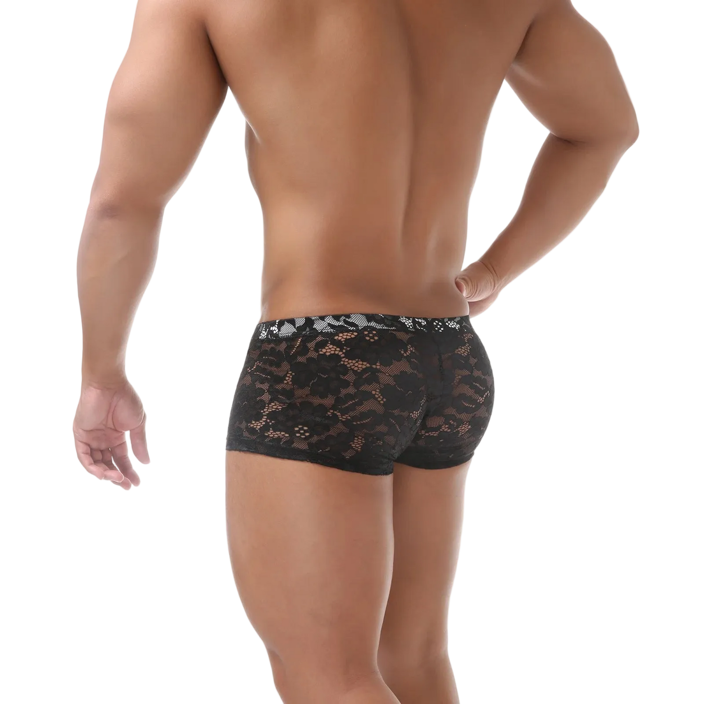 Black lace underwear worn by a person on a white background