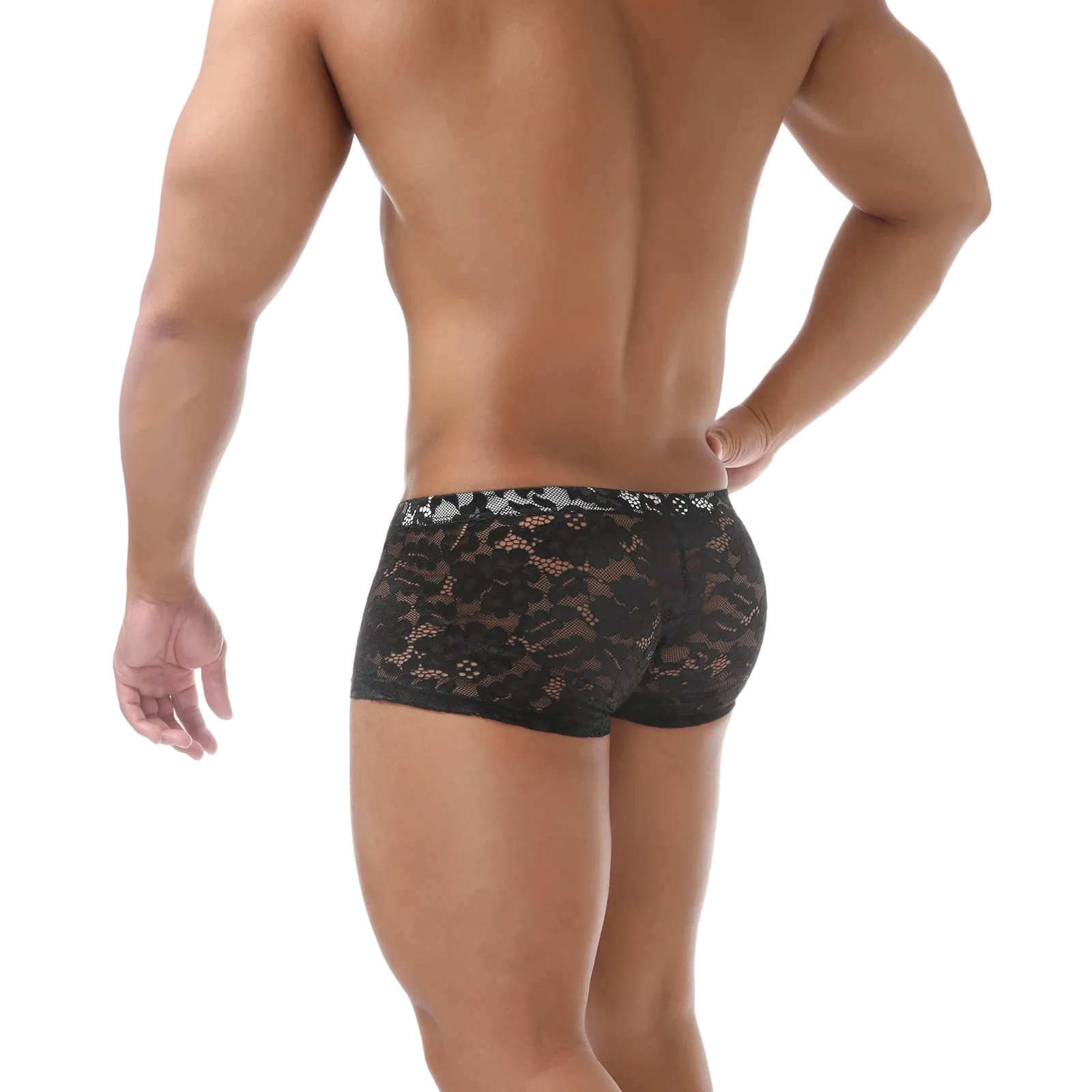 Black lace underwear worn by a person on a white background