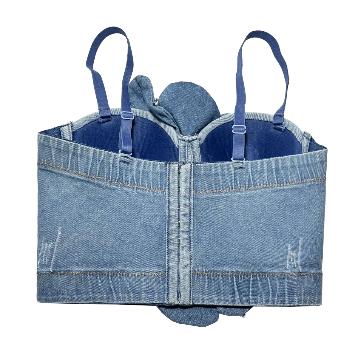 A denim corset-style lingerie top with blue straps, shown flat against a white background.