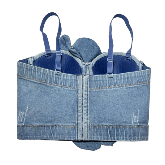 A denim corset-style lingerie top with blue straps, shown flat against a white background.