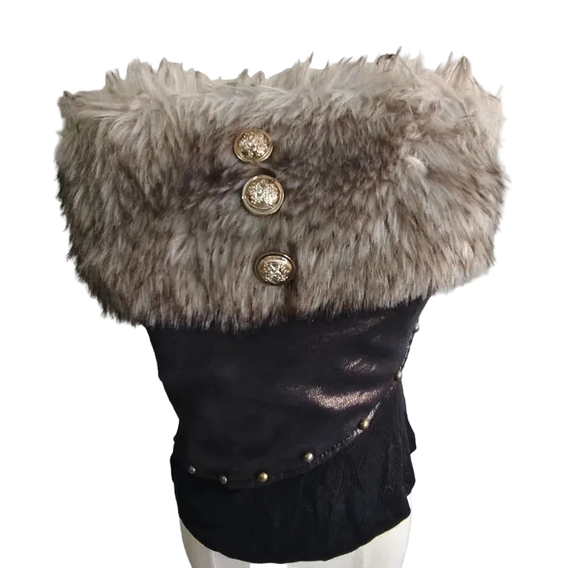 A strapless corset-style top displayed on a cream mannequin torso. The upper portion features a wide, shaggy taupe-gray faux fur collar with three ornate gold-tone decorative buttons.