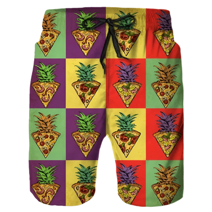 Colorful shorts featuring a pattern of pizza slices with pineapple tops. The design is quirky and fun, perfect for a relaxed and playful look.





