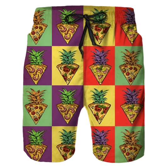 Colorful shorts featuring a pattern of pizza slices with pineapple tops. The design is quirky and fun, perfect for a relaxed and playful look.





