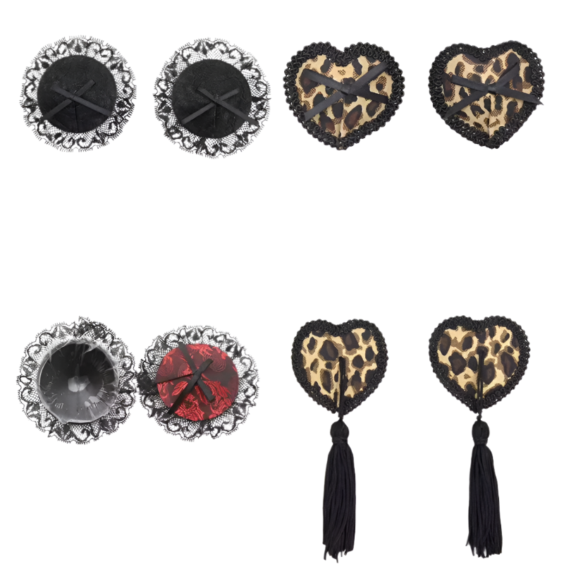 Elegant leopard print and red lace pasties with tassels, perfect for resort theme nights

