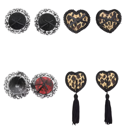 Elegant leopard print and red lace pasties with tassels, perfect for resort theme nights

