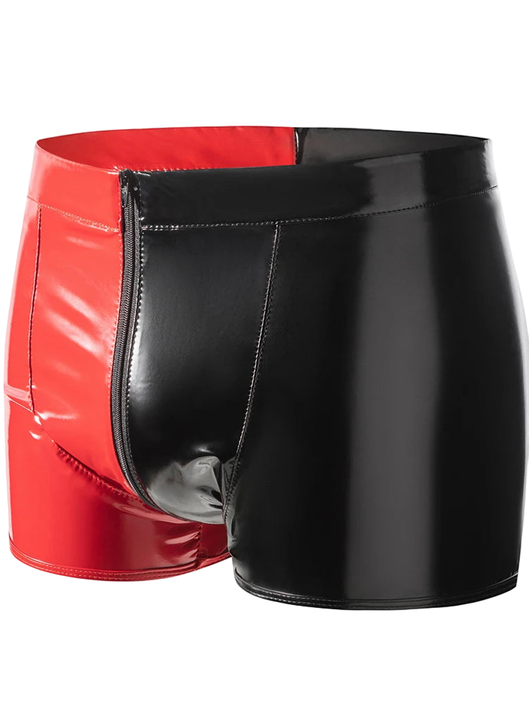 Black and red shiny shorts on a white background