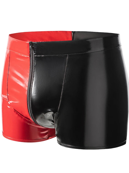 Black and red shiny shorts on a white background