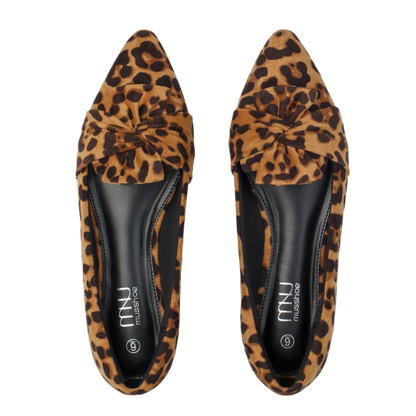 Elegant leopard print flat loafers with decorative butterfly bow and pointed toe design for comfortable resort wear

