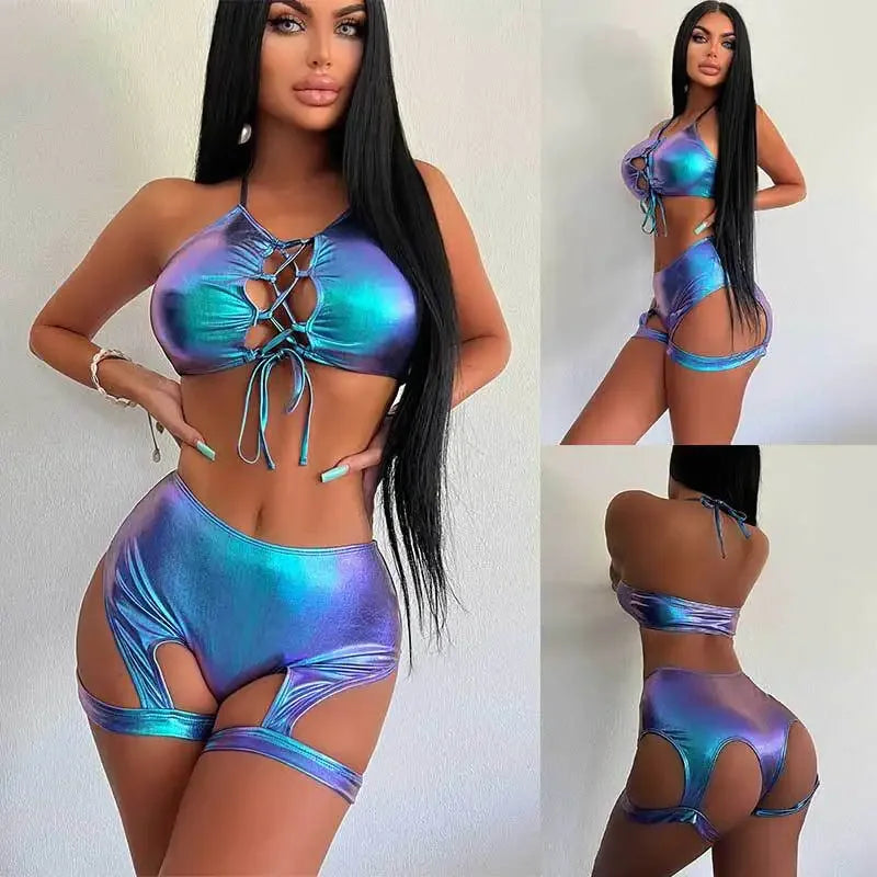 Split set sexy hollow suspender vest laser leg loop shorts two-piece set