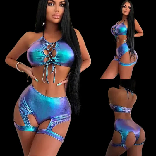 Metallic Cutout Shorts Set for Women | Lace-Up Two-Piece Outfit
