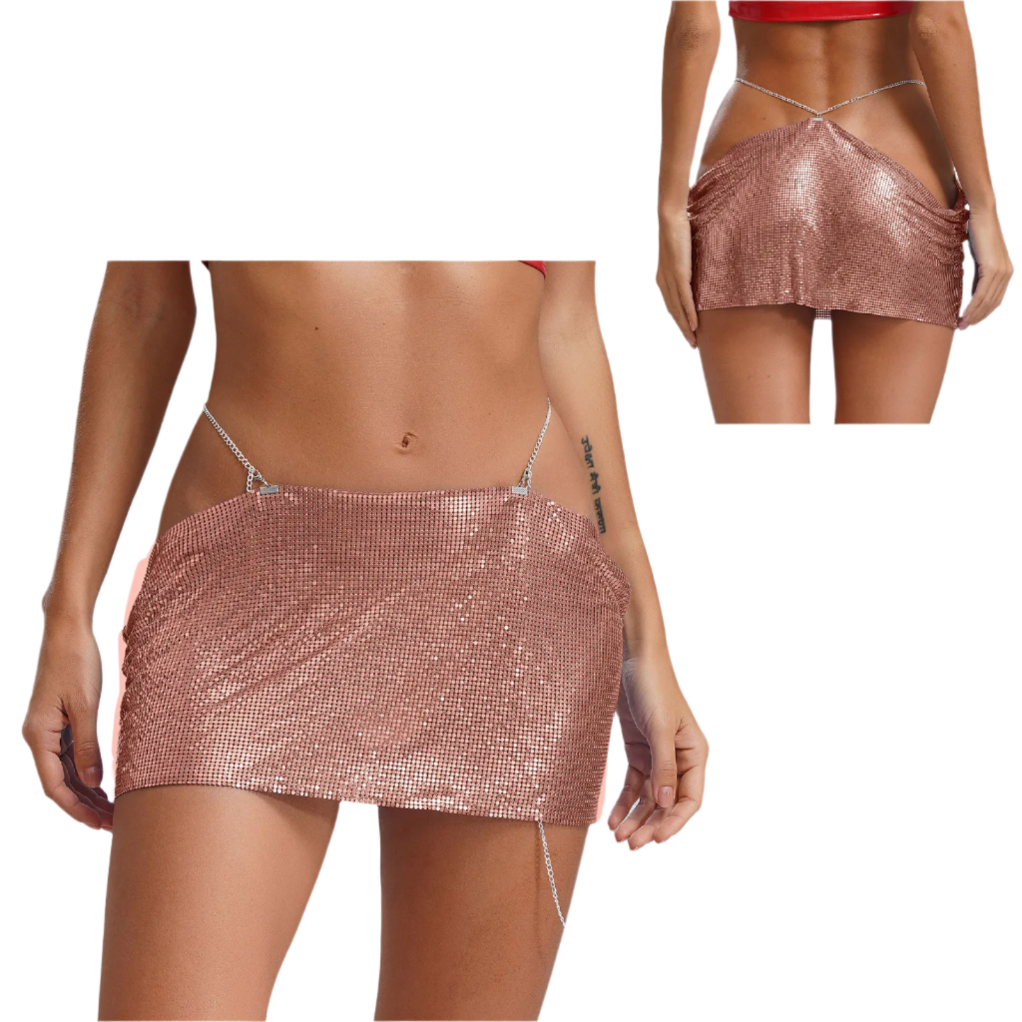 Seductive sparkly sequin mini skirt with edgy metal chain waistband and low-rise cut for nightclub and rave wear

