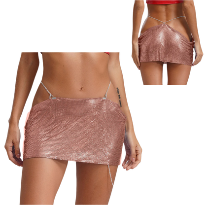 Seductive sparkly sequin mini skirt with edgy metal chain waistband and low-rise cut for nightclub and rave wear

