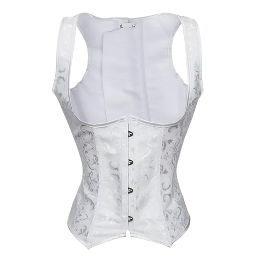 Back view of a white brocade corset featuring a hook-and-eye closure, floral patterns, and shoulder straps for an elegant and supportive design