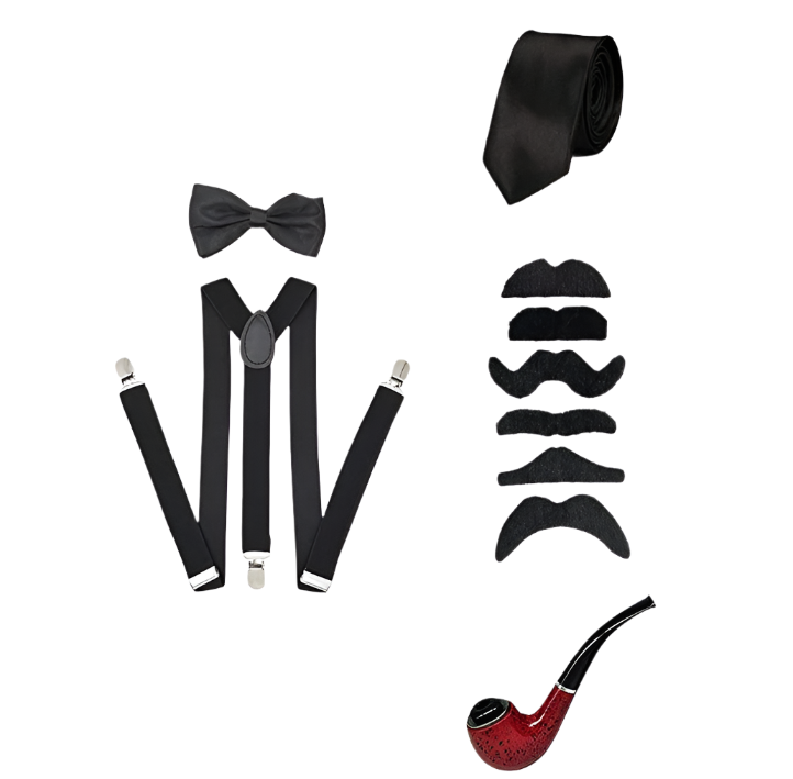 5-piece men's Gatsby accessories set featuring Fedora hat, suspenders, armbands and bow tie for resort theme nights

