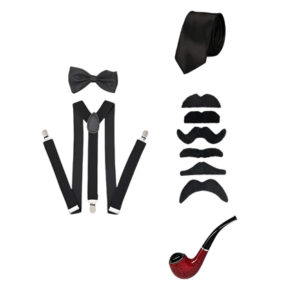 5-piece men's Gatsby accessories set featuring Fedora hat, suspenders, armbands and bow tie for resort theme nights

