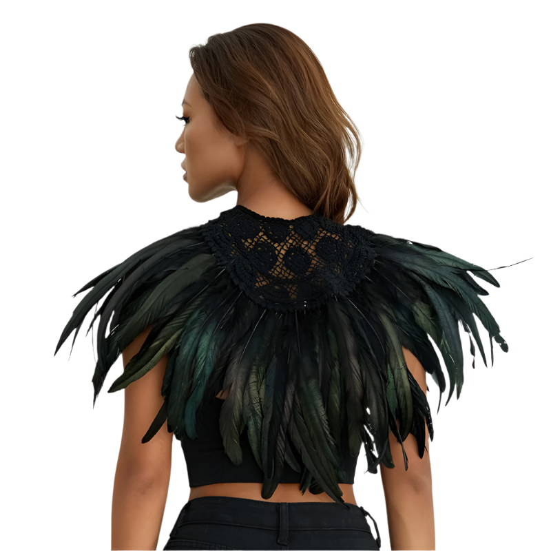 Red Feather Shoulder Piece: A vibrant red feather shoulder piece displayed on a mannequin, with black accents and a striking, textured design.