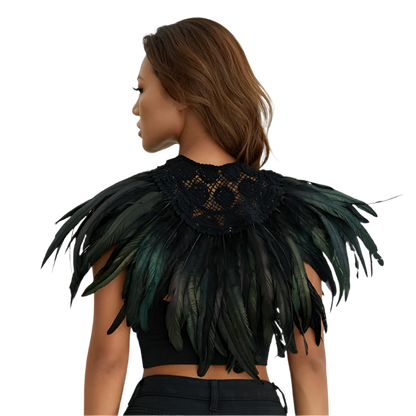 Red Feather Shoulder Piece: A vibrant red feather shoulder piece displayed on a mannequin, with black accents and a striking, textured design.