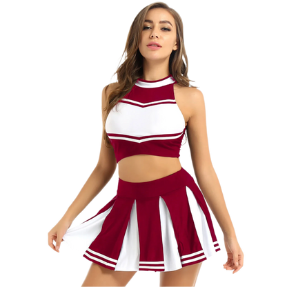 Womens Cheerleader Uniform Sleeveless Crop Top Mini Pleated Skirt