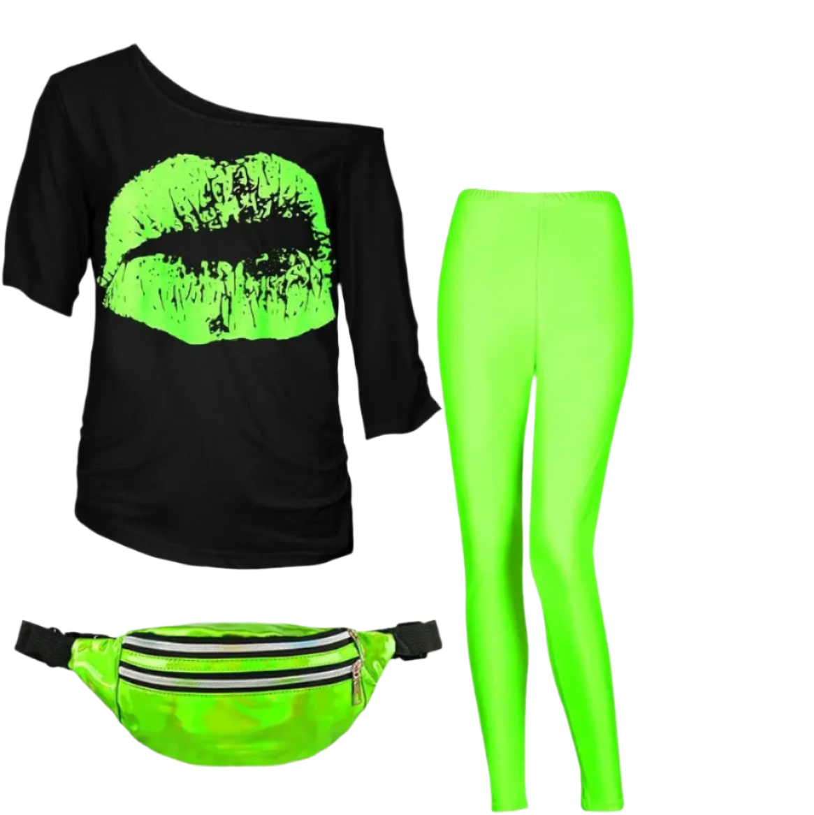 Neon green and black outfit with accessories on a white background