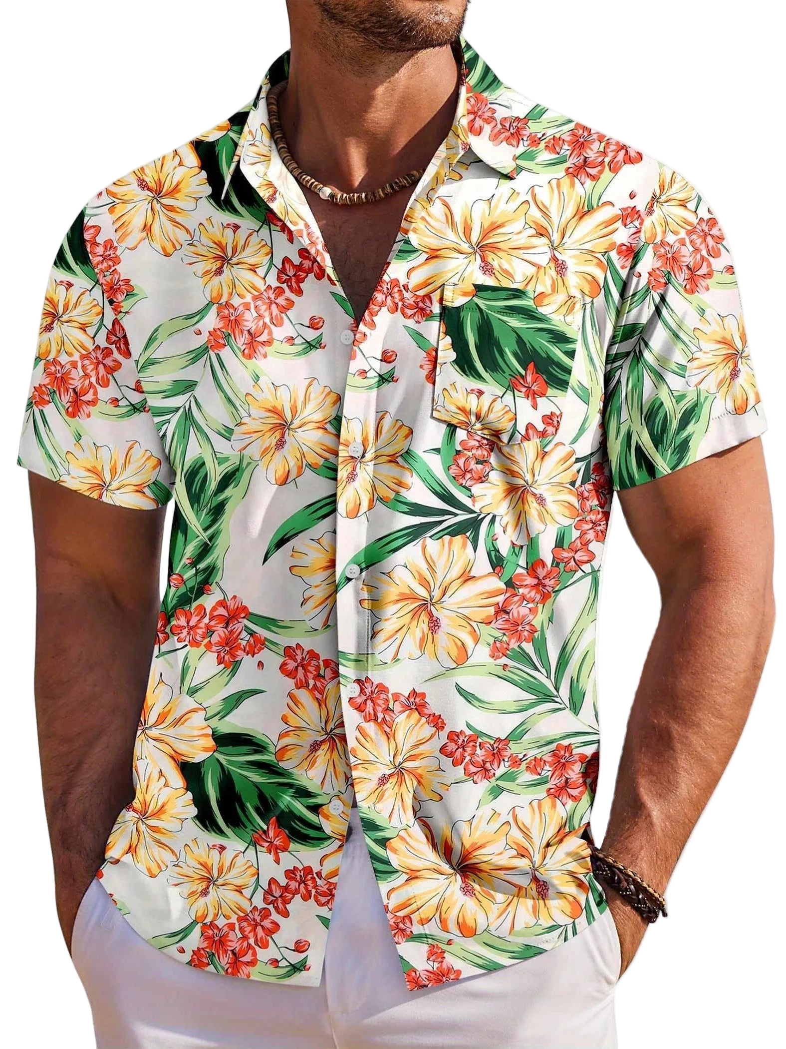 Man wearing a colorful floral short-sleeve shirt on a white background