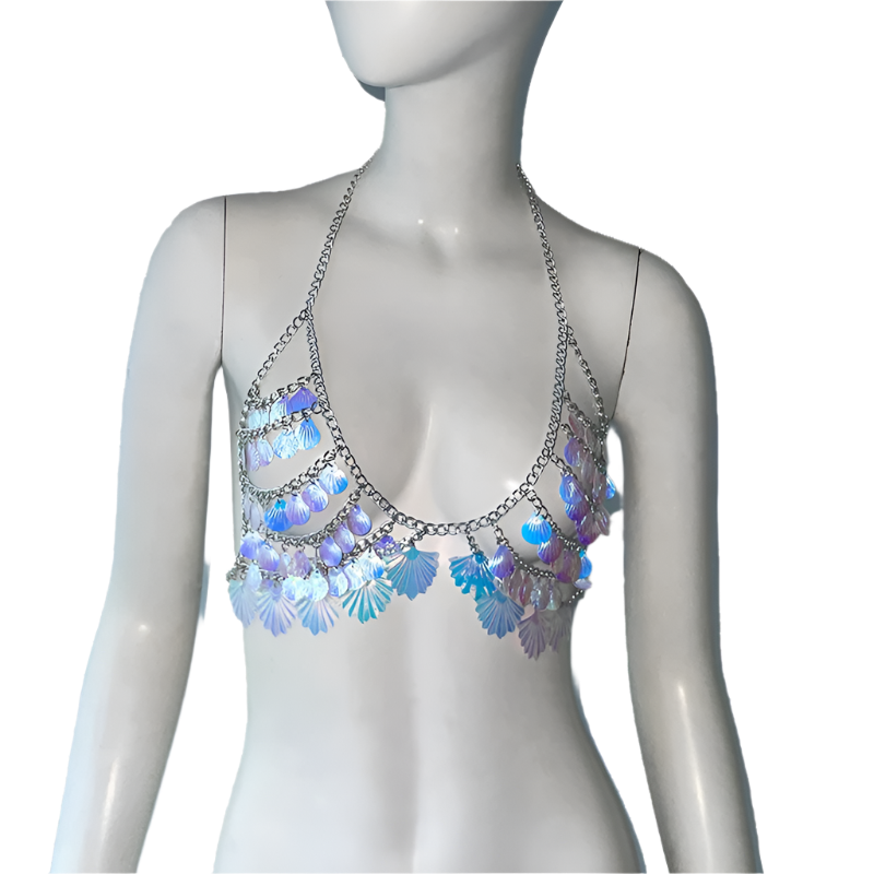 Mermaid shell sequin bikini top with body chain details for resort beach wear

