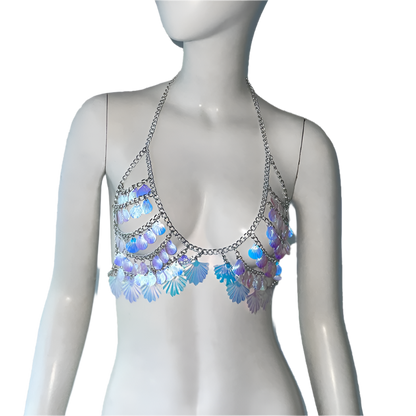 Mermaid shell sequin bikini top with body chain details for resort beach wear

