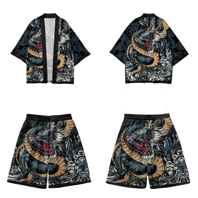 Set of clothing with dragon design on a white background, featuring a top and shorts.