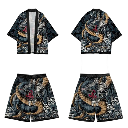 Set of clothing with dragon design on a white background, featuring a top and shorts.
