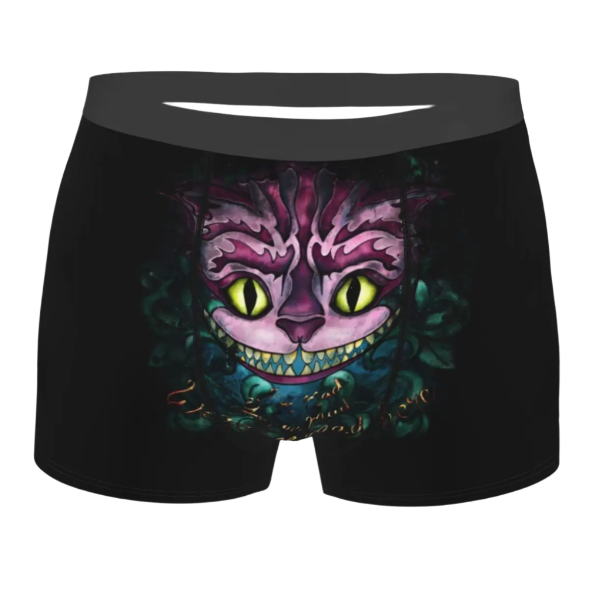 boxer shorts featuring the Cheshire Cat design from Alice in Wonderland, with glowing turquoise eyes and distinctive grinning teeth illuminated against a dark background.