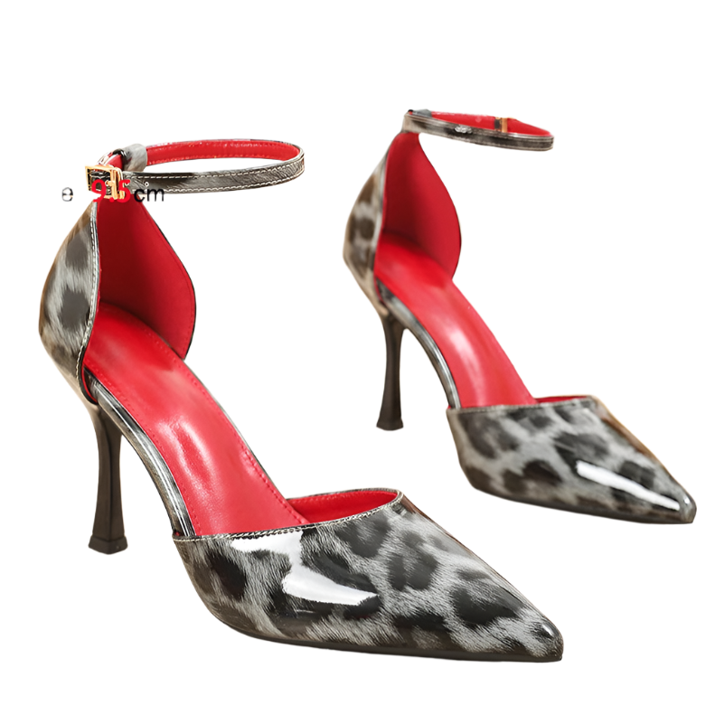 Elegant leopard print pointed toe pumps with 9.5CM heel featuring extended size range for resort evening wear

