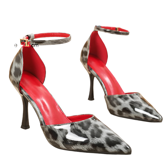 Elegant leopard print pointed toe pumps with 9.5CM heel featuring extended size range for resort evening wear

