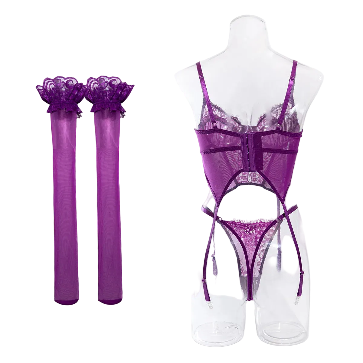 Purple sheer lace lingerie set displayed on a clear mannequin, with matching sheer thigh-high stockings shown separately on the left against a white background.
