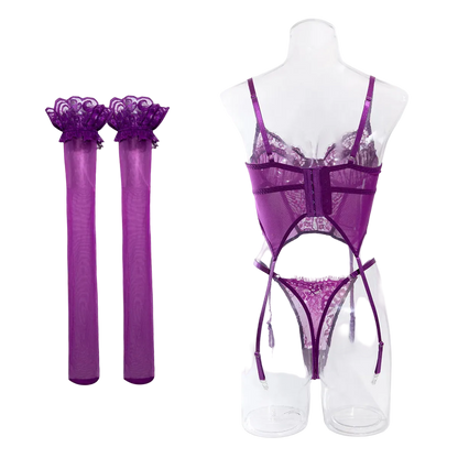 Purple sheer lace lingerie set displayed on a clear mannequin, with matching sheer thigh-high stockings shown separately on the left against a white background.