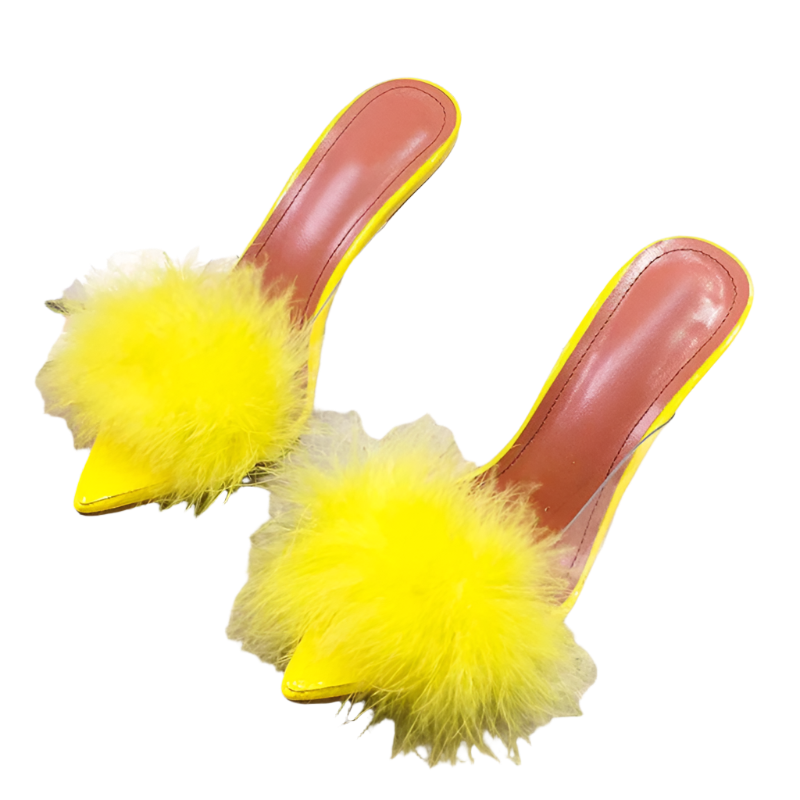 fluffy transparent PVC slippers with spike heels and pointed toe design for resort parties