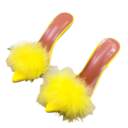 fluffy transparent PVC slippers with spike heels and pointed toe design for resort parties