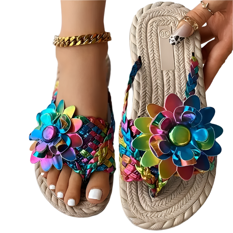 Braided floral pattern flip flops with toe post for beach resort wear

