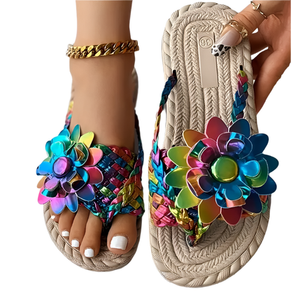 Braided floral pattern flip flops with toe post for beach resort wear

