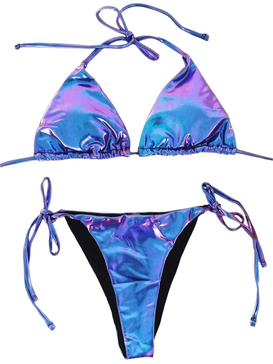 A shiny, iridescent bikini in shades of blue and purple. It features a classic triangle top and tie-side bottoms, creating a vibrant and eye-catching beachwear style.