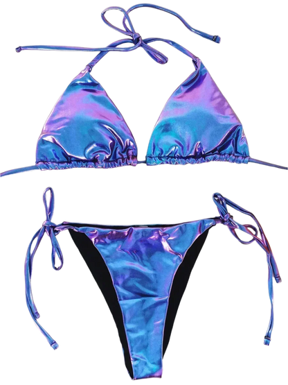 A shiny, iridescent bikini in shades of blue and purple. It features a classic triangle top and tie-side bottoms, creating a vibrant and eye-catching beachwear style.