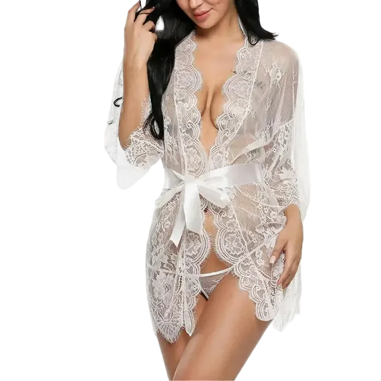 White lace robe with a bow on a white background