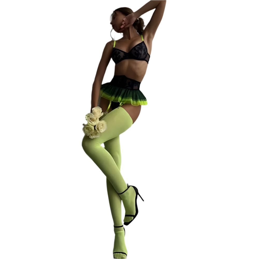 Lingerie set with green and black tutu-style skirt, yellow stockings